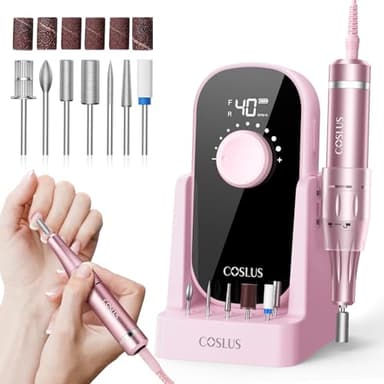 COSLUS Professional Rechargeable Electric Nail Drill 40000 RPM, Portable Nail File with Storage Stand for Acrylic Gel Polishing Removing - Easy to Use for Women, Manicure at Home DIY or Salon, Pink - Image 1