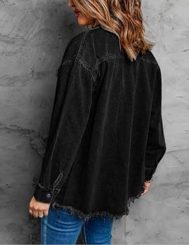 Vetinee Women's Concert Outfits for Women Oversized Boyfriend True Black Front Button Up Frayed Raw Hem Long Sleeve Pockets Denim Jean Jacket Shacket X-Large Size 16 Size 18 - Image 2