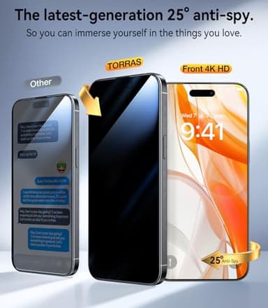 TORRAS Military-Grade for iPhone 16 Pro Screen Protector Privacy, [9H+] Full Coverage Tempered Glass, [TOP 25° Anti-Spy], Easy Install, Bubble-Free, Case-Friendly, 6.3'', 2-Pack - Image 5