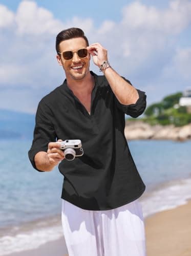COOFANDY Men's Cotton Linen Henley T-Shirts Long Sleeve Hippie Casual Beach T-Shirts Black - Image 5