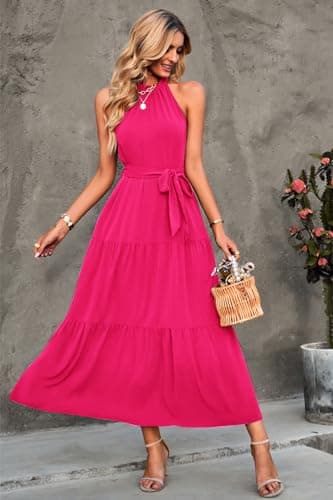 PRETTYGARDEN Women's Summer Maxi Sun Dress Sleeveless Halter Neck Flowy Ruffle Hem Long Boho Dresses with Belt (Solid Rose Red,Small) - Image 3