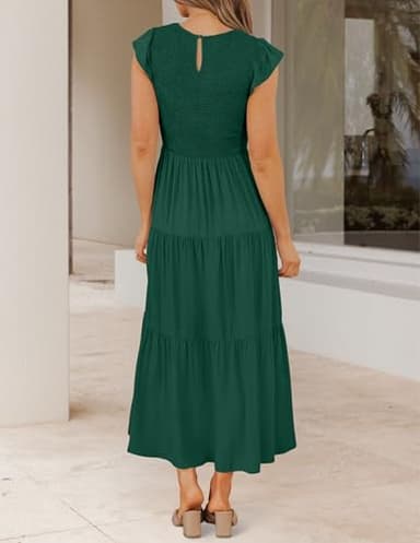 ZESICA Women's 2025 Summer Casual Flutter Short Sleeve Crew Neck Smocked Elastic Waist Tiered Midi Dress,Dark Green,Small - Image 3