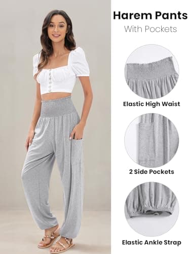 QIANXIZHAN Women's Harem Pants, High Waist Yoga Boho Trousers with Pockets Grey L - Image 3