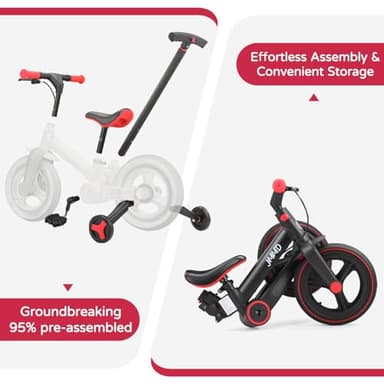 JMMD Toddler Bike with Push Handle for Kids 18-60 Months, 6 in 1 Foldable Push Bike with Training Wheels, Pedals, Brakes, Kickstand, Kid Balance Bike Gift & Toys for Boy & Girl, Black - Image 6