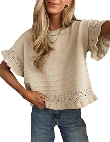 Yeokou Womens Short Sleeve Sweater Round Neck Ruffled Hem Knit Crochet Pullover Summer Fall Casual Top Blouse(Khaki-M) - Image 1