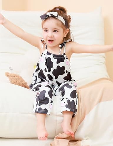 Lindanina Toddler Baby Girls Romper Cartoon Cow Sleeveless Jumpsuit Summer Cute Clothes Adjustable Tie-Up Strap 12-24 Months Infant One Piece Soft Casual Outfits with Pocket Headband Daily Wear - Image 4