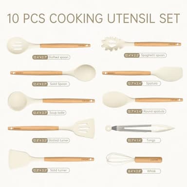 CAROTE Silicone Cooking Utensils Set, Kitchen Utensils Set 10 Pcs for cooking, BPA Free Spatula Set with Heat Resistant Wood Handles for Nonstick Cookware (Cream White) - Image 2