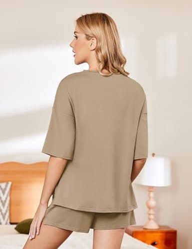 Ekouaer Pajamas for Women Set 2 Piece PJ Soft Comfy Lounge Sets Short Sleeve Tops Shorts Sets Cotton Sleepwear,L Khaki - Image 3