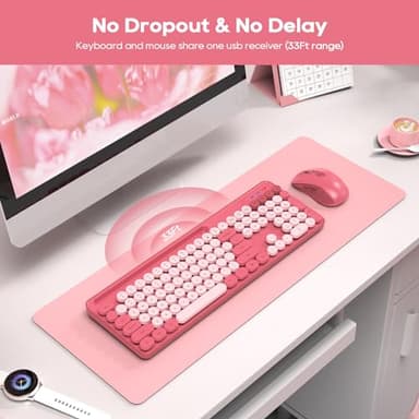 Wireless Keyboard and Mouse Combo, Retro Round Keycaps, Cute Full-Size Typewriter Keyboard with Phone Holder, Sleep Mode, Click Soft, 2.4GHz Cordless Connection for Windows/PC/Laptop (Pink-Colorful) - Image 8