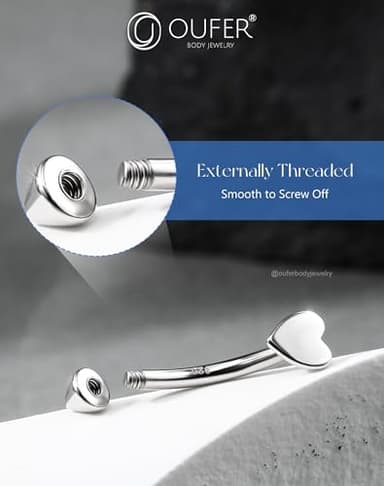 OUFER 925 Sterling Silver Rook Piercing Jewelry, Heart Eyebrow Rings, Silver Vertical Labret Lip Jewelry, Curved Barbell 16G, Rook Earrings for Women Men-8mm - Image 4