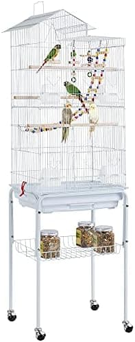 Yaheetech 62.5-inch Roof Top Flight Bird Cage for Parakeets Cockatiels Conures Finches Lovebirds Canaries Budgies Small Parrots, Large Birdcage with Detachable Rolling Stand, White - Image 3