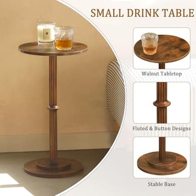 MaxSmeo Drink Table, Small Side Table for Small Spaces, Modern Round End Table with Fluted Wood Leg, Rustic Brown - Image 4