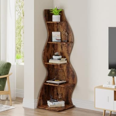 Tribesigns Corner Shelf, Rustic 5-Tier Wall Corner Bookshelf, Stylish Corner Small Bookcase Storage Rack Plant Stand with Unique Shape for Living Room, Home Office (2PCS, Brown) - Image 4