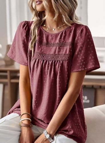 Falechay Mulberry Tops Chiffon Flowy Swiss Dots Blouses for Women Cute Boho Pullover Round Neck Short Sleeve Loose 2025 XL - Image 2