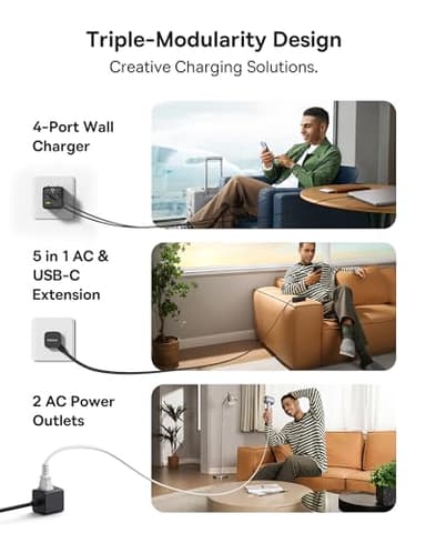 Baseus Charging Station 67W, 5 in 1 Detachable Travel Power Strip USB C Fast Charger, 5ft Flat Extension Cord with 2 AC Outlets, Portable Charger for MacBook Pro, iPhone, Cruise Travel Essentials - Image 2