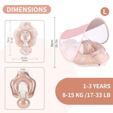 Free Swimming Baby Infant Pool Float with Sun Canopy Inflatable Baby Swimming Floatie with Sponge Safety Bottom Support Water Toys Swimming Trainer (Pink, Large) - Image 4