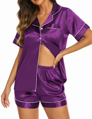 Ekouaer Pajama Sets for Women 2 Piece Summer Silk Pjs Button Down Nightshirt and Shorts Set Satin Sleepwear Loungewear,Purple,X-Large - Image 1