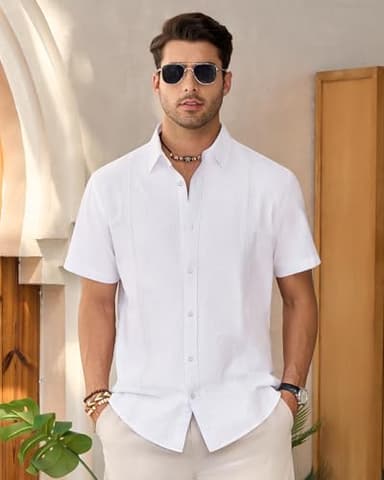 Mens Linen Shirts Short Sleeve Button Down Shirt Casual Cuban Guayabera Lightweight Summer Beach Solid Tops White - Image 2