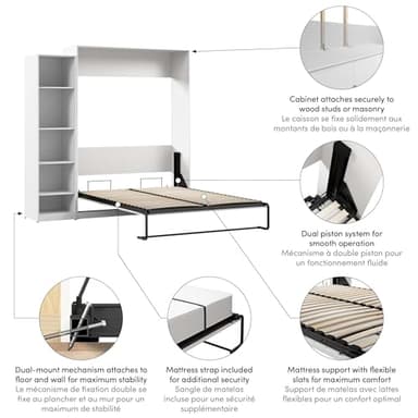 Bestar Claremont Queen Murphy Bed with Closet Organizer (85W) in White, Space-Saving Sleeping Arrangement for Multipurpose Room - Image 5