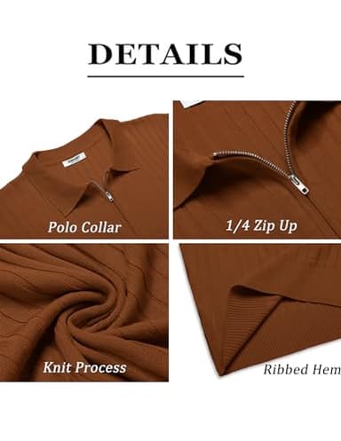 COOFANDY Men's Zipper Polo Shirts Short Sleeve Ribbed Knit Polo T Shirts Fashion Casual Golf Shirts Brown - Image 5
