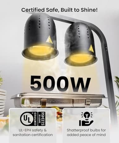 SYBO DL2112 Commercial Grade Food Heat Lamp, Portable Electric Food Warmer, 2-Bulb 500W with Free-Standing, Black - Image 3