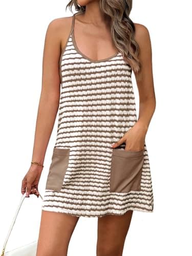 Fisoew Womens Tennis Athletic Dress Mini Romper Dress with Built in Shorts Summer Vacation Outfits A-Brown - Image 1