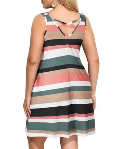 Pinup Fashion Women Plus Size Casual Dresses Summer Sleeveless Sundress Striped Criss Cross Back T-Shirt Tank Dress with Pockets - Image 6