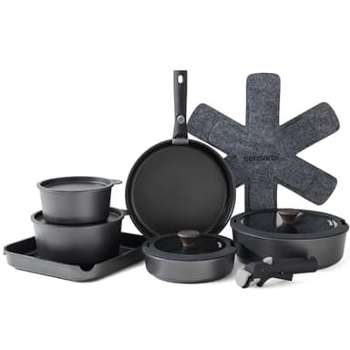 SENSARTE 17 Piece Pots and Pans Set, Nonstick Detachable Handle Cookware Set, Induction Kitchen Cookware Set with Removable Handle, Healthy Non Stick for RV, Dishwasher ＆ Oven Safe, PFOA Free (Black) - Image 1