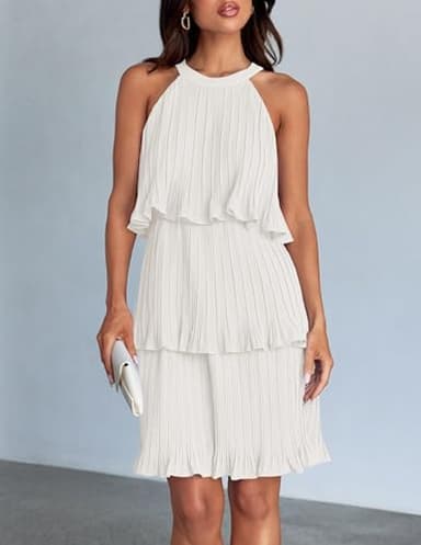 ZESICA Women's 2025 Summer Halter Dresses Sleeveless Ruffle Tiered Layered Chiffon Pleated A Line Swing Mini Dress,White,X-Large - Image 7