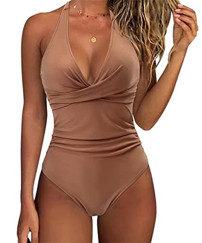 SUUKSESS Women Sexy Tummy Control One Piece Swimsuits Halter Push Up Monokini Bathing Suits (Brown, XXL) - Image 1