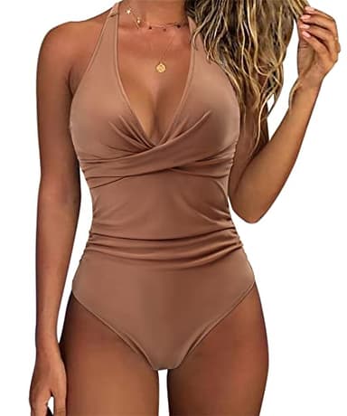 SUUKSESS Women Sexy Tummy Control One Piece Swimsuits Halter Push Up Monokini Bathing Suits (Brown, XXL) - Image 1