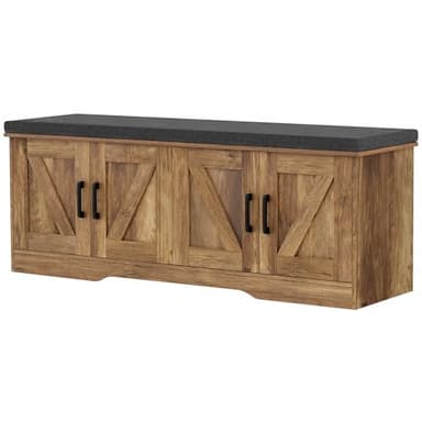 HOMSHO 2-Tier Storage Bench, 47.2" Wide Shoe Bench with Padded Seat Cushion, Entryway Bench with 4 Barn Doors and Adjustable Shelf, Rustic Walnut - Image 1