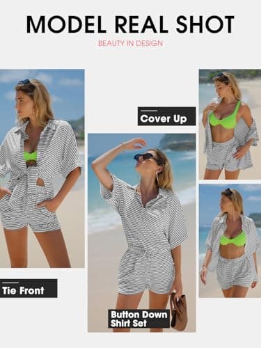 EXLURA Womens Summer 2 Piece Sets Casual Short Sleeve Striped Shirts Shorts Matching Sets Vacation Cruise Beach Outfits 2025 - Image 3