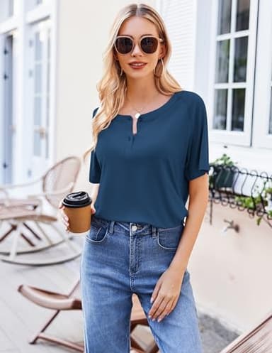 Ekouaer Womens Pajamas Set Short Sleeve Sleepwear 2 Piece Lounge Sets with Pockets Navy Blue, Large - Image 4
