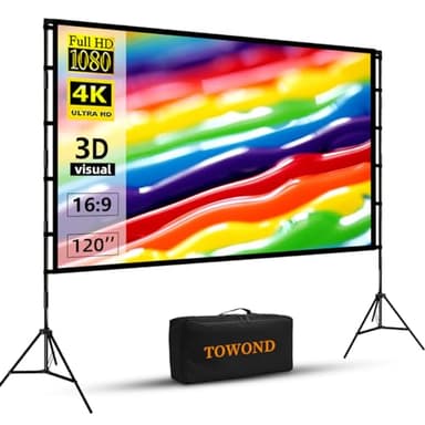 Projector Screen and Stand, Towond 120 inch Portable Projector Screen Indoor Outdoor Movie Screen 16:9 4K HD Wrinkle-Free Lightweight Projection Screen with Carry Bag for Backyard Movie Night - Image 1