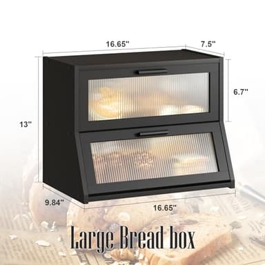 GHWIE Double Layer Bamboo Bread Box for Kitchen Counter,Large Capacity Bread Storage Bin,Bread Container with Acrylic Wavy Door Panel (Black, Medium) - Image 7
