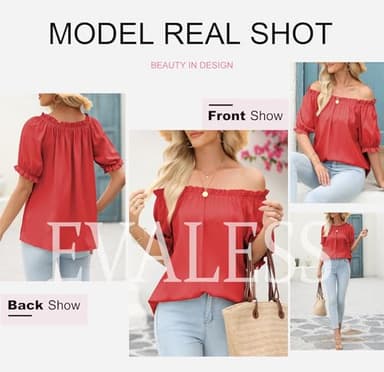 EVALESS Womens Tops Short Sleeve Shirts for Women Country Concert Outfits Summer Clothes Trendy 2025 Off The Shoulder Tops Dressy Casual Chiffon Blouses Loose Fit Spring Red Shirts, Medium - Image 5