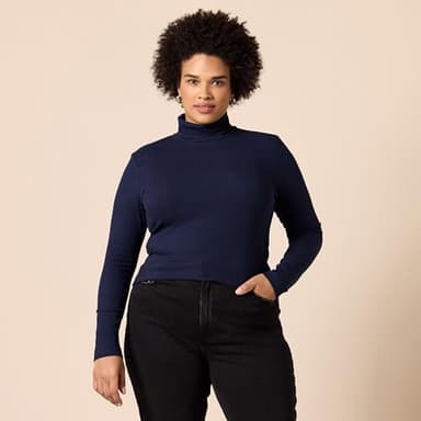 Amazon Essentials Women's Slim-Fit Layering Long Sleeve Knit Rib Turtleneck Top (Available in Plus Size), Pack of 2, Navy/White, Large - Image 6