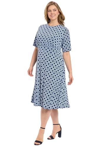 London Times Women's Dresses Inset Waist Midi Dress Career Office Occasion Guest of, Hexagon Geo - Navy/Blue, 4 - Image 2