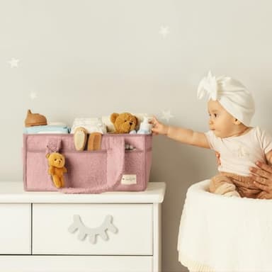 Sweety Fox Baby Diaper Caddy Organizer with Handle - Portable Sherpa Nursery Basket - Car Diaper Organizer, Cleaning Caddy, Gift for Baby Shower - Pink - Image 6