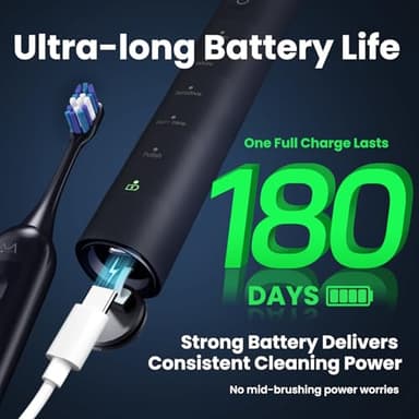 Electric Toothbrush, Marlincare Electric Toothbrush for Adults 180 Days Battery Life Rechargeable with 5 Modes, 48000VPM Motor Smart Timer IPX8, Sonic Toothbrush with 4 Brush Heads &Travel Case, Black - Image 2