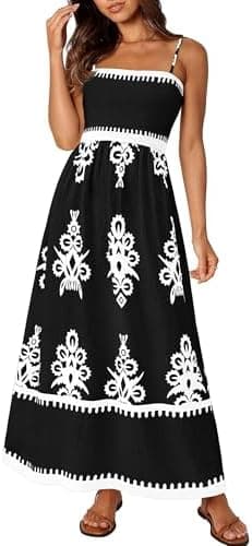 PRETTYGARDEN Summer Dress for Women 2025 Floral Sundress Spaghetti Strap Flowy Beach Vacation Boho Maxi Dresses (Black White Floral,Large) - Image 3
