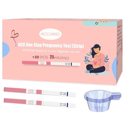 ACCUBIO Pregnancy Test Strips with Urine Cups, hCG Detection Home Pregnancy Tests, Sensitive & Over 99% Accurate, 20 Count Individually Wrapped, Rapid hCG Test Strips, 5mm Wider 25mIU/mL - Image 1