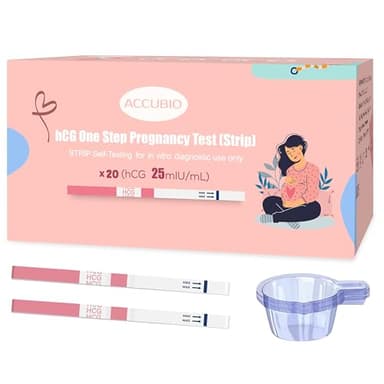 ACCUBIO Pregnancy Test Strips with Urine Cups, hCG Detection Home Pregnancy Tests, Sensitive & Over 99% Accurate, 20 Count Individually Wrapped, Rapid hCG Test Strips, 5mm Wider 25mIU/mL - Image 1