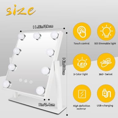 MKupView Vanity Mirror with Lights Makeup Mirror with Lights 9 Dimmable Bulbs Hollywood Lighted Makeup Mirror Detachable 10x Magnification 3 Color Lighting Modes, Lamp Beads, MKupView-SM2 - Image 2