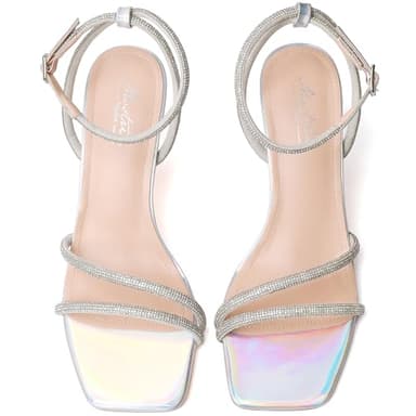Mostrin Silver Strappy Rhinestone Heels for Women Ankle Strap Lace Up Square Open Toe Heels Stiletto High Heeled Sandals for Wedding, Prom, Party, Daily Size 11.5 - Image 4