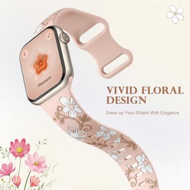 Witzon Floral Band Compatible with Apple Watch Bands For Women 45mm 46mm 44mm 42mm 41mm 40mm 38mm 49mm, Engraved Cute Flower Soft Silicone Strap for iWatch Series 11 10 9 8 7 6 5 4 3 2 1 SE Ultra - Image 3
