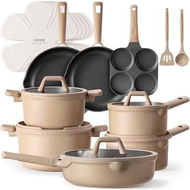CAROTE 19pcs Nonstick Cookware Set, Pots and Pans Set Non Stick, kitchen Cooking Set, Premium Induction Cookware, Frying pan, Large Capacity Granite, Brown - Image 1