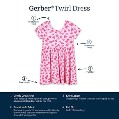 Gerber Baby Girls Toddler Buttery Soft Short Sleeve Twirl Dress with Viscose Made from Eucalyptus, Heart Felt, 2T - Image 5