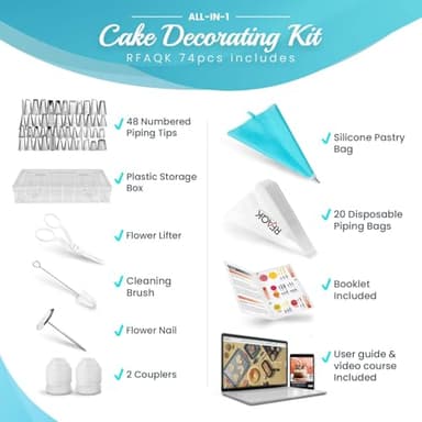 RFAQK 74 PCs Icing Piping Bags and Tips Set, Cake Decorating Kit with 48-Numbered Piping Tips, Anti Burst Pastry Bags for Cookie Cupcake Cake Decoration, Cake Decorating Tips Set with Booklet & E-book - Image 2